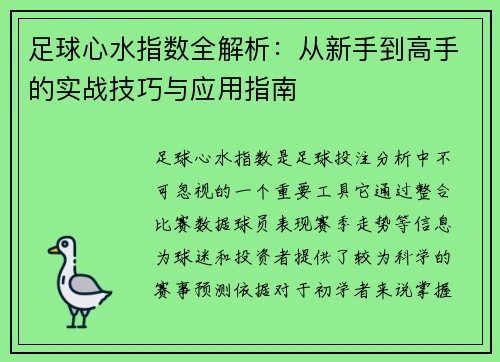 足球心水指数全解析：从新手到高手的实战技巧与应用指南