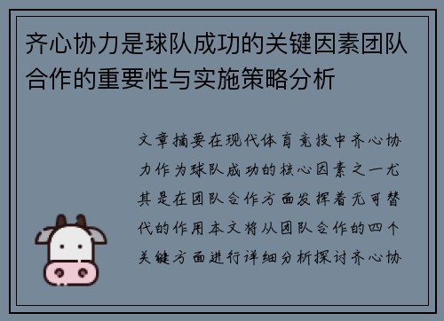 齐心协力是球队成功的关键因素团队合作的重要性与实施策略分析