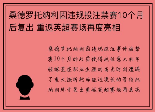 桑德罗托纳利因违规投注禁赛10个月后复出 重返英超赛场再度亮相