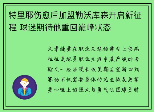 特里耶伤愈后加盟勒沃库森开启新征程 球迷期待他重回巅峰状态
